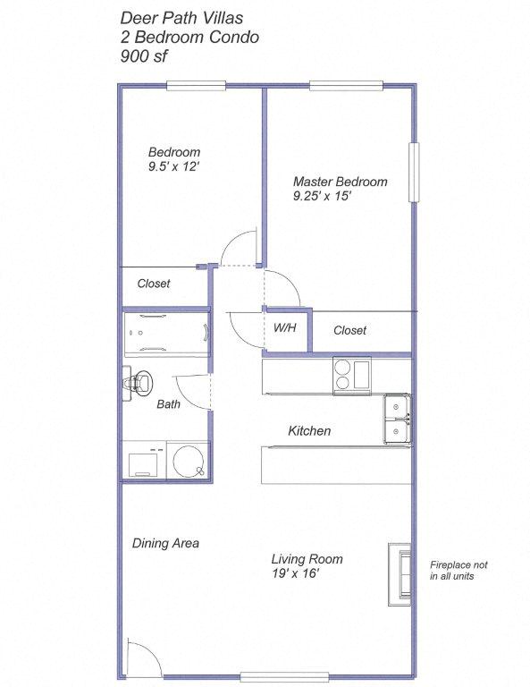 Floor plan for 2 beds, 1 bath, 900 sqft